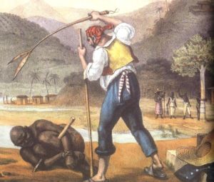 "Feitores açoitando negros na Roça", aquarela de 1828 de Jean-Baptiste Debret, e que mostra punição comum aos negros escravizados no Brasil: o açoitamento amarrado a um pau-de-arara