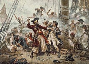 Captura do Pirata, Barba Negra, 1718, por Jean Leon Gerome Ferris. 